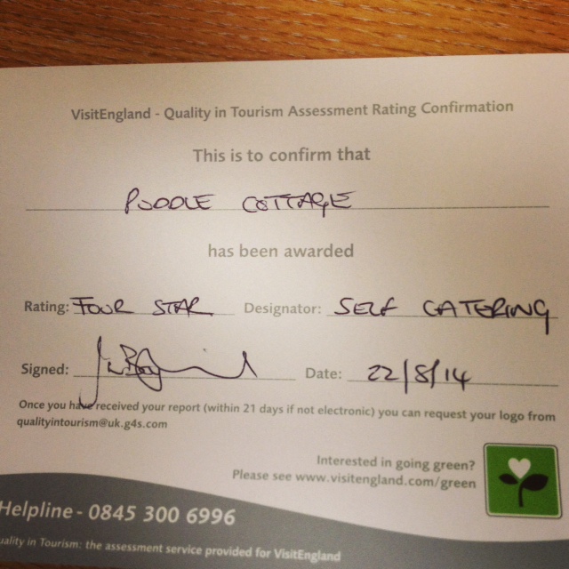 Puddle Cottage retains 4 Star Status!